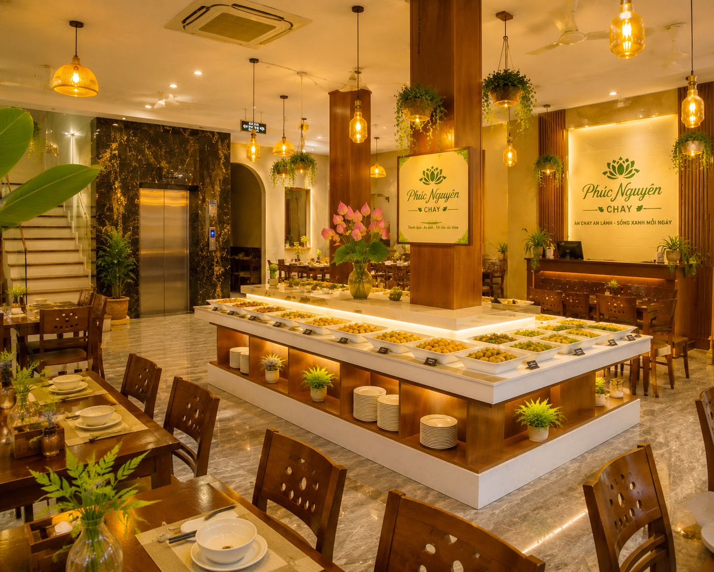 Không gian xanh thanh tịnh tại nhà hàng chay Phúc Nguyên